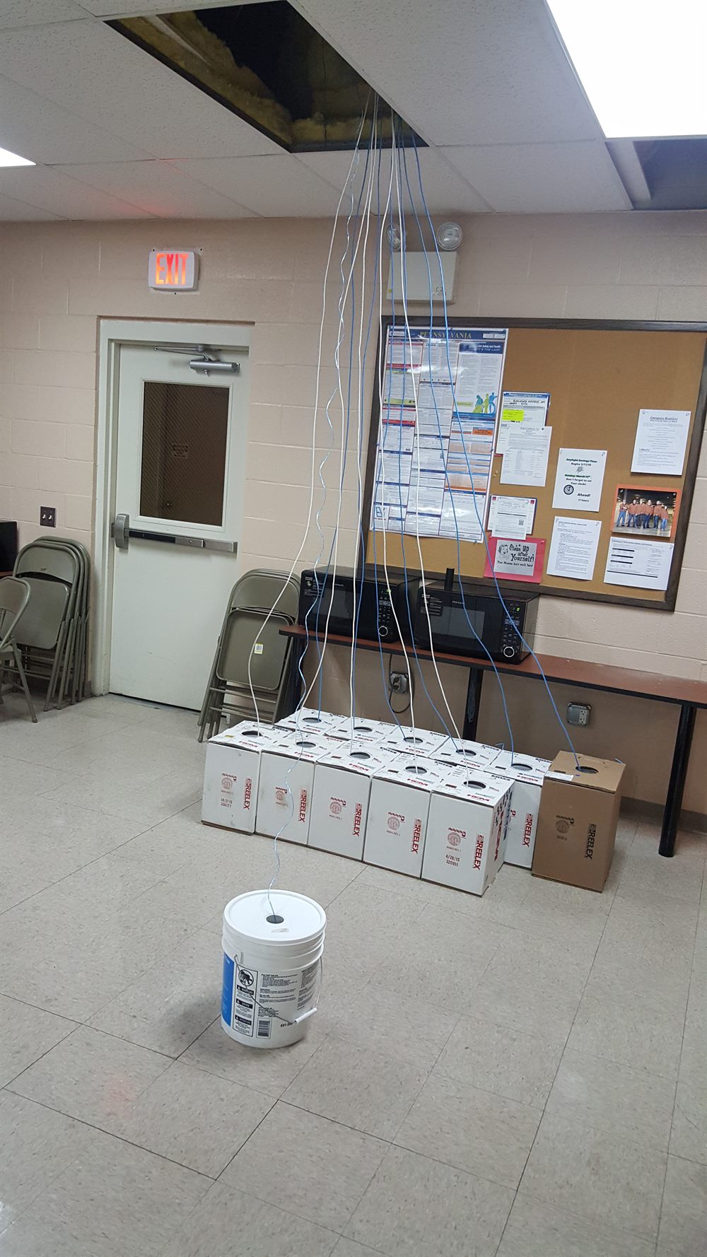 Network cables suspended from an open ceiling above boxes of cable.