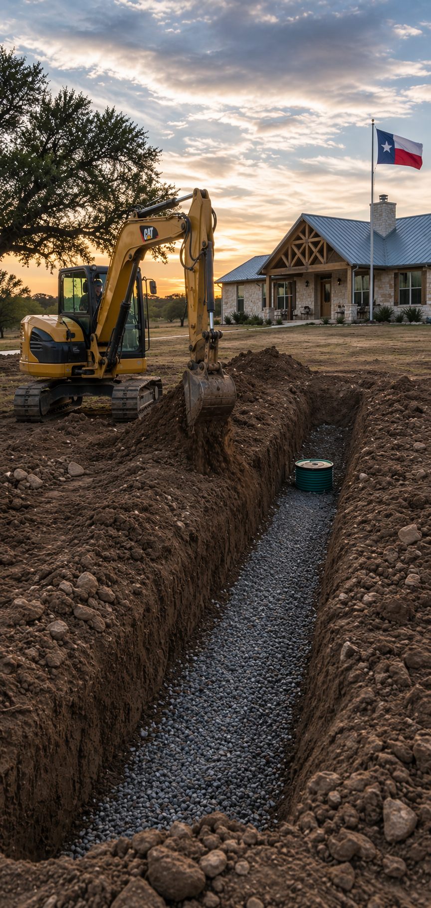 Excavator working beside a trench with green pipe.