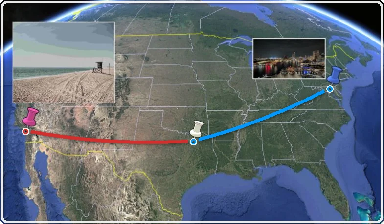 Two colored strings from Irvine (red) and Baltimore (blue) meeting in Terrell, Texas on a US map, with photo callouts.